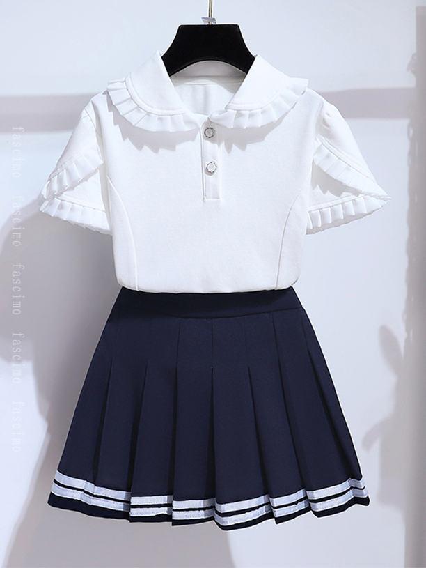 ガールズ Tシャツ JK制服 夏 上下セット 半袖 プリーツスカート 2点セット キッズ ...