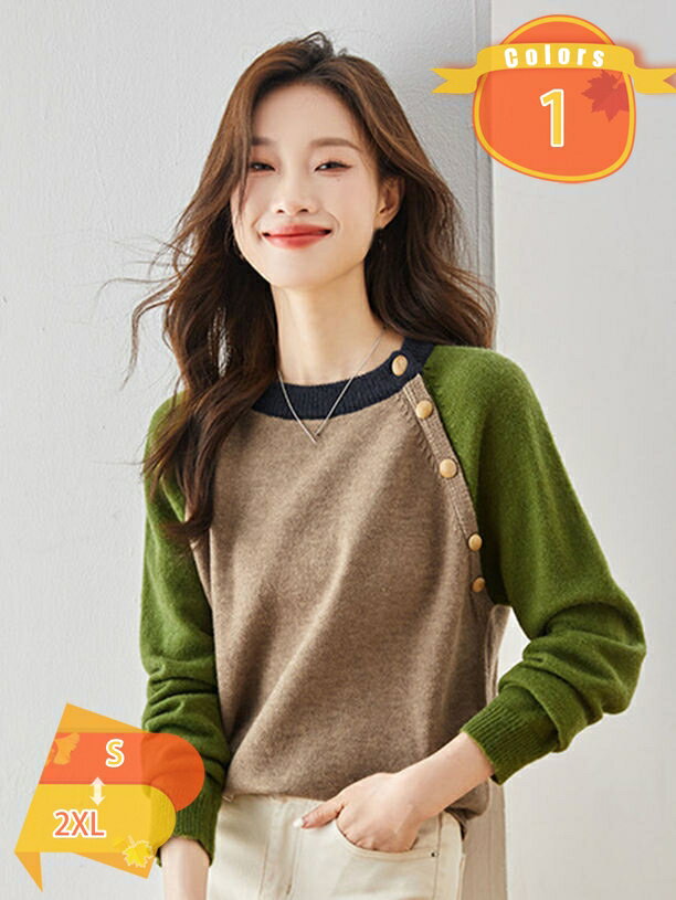 1000円OFFクーポン カラーブロック ボタン飾り セーター カジュアル 長袖 ニット 女性 切り替え 配色 クルーネック プルオーバー レディース トップス 暖かい 大人 おしゃれ ゆったり 柔らかい 可愛い 着痩せ通勤 fascimo