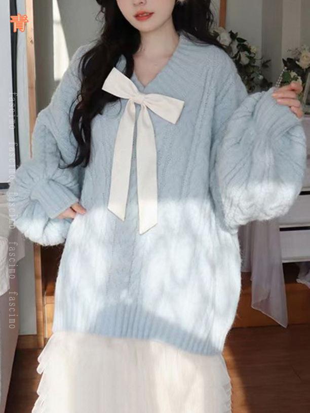 FASCIMOの500円OFFクーポン セーター レディース Vネック ニット トップス ゆったり ロング 大きめ オーバーサイズ ケーブル編み プルオーバー 柔らかい あたたかい おしゃれ カジュアル 通勤 上品 無地 秋 冬 ニットセーター fascimo｜アングル3