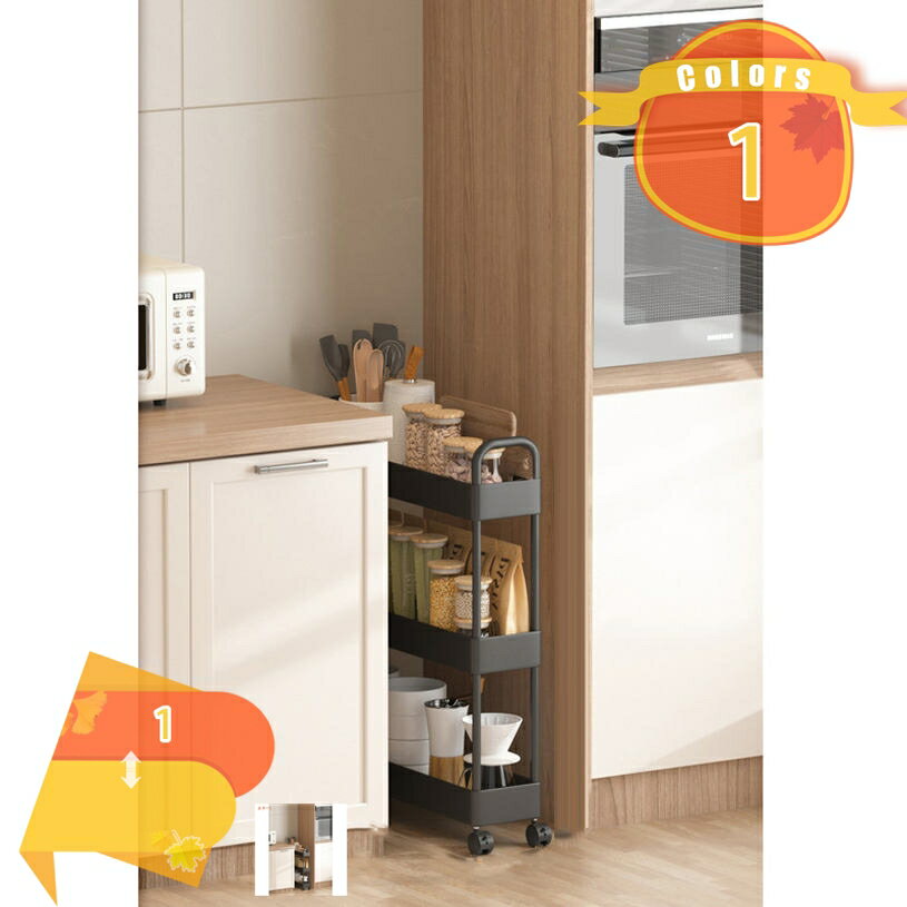 乐天商城 - 1000円OFFクーポン キッチンワゴン キッチン隙間収納ワゴン 隙間収納 キャスター付き 引き出し付き スライド式 収納ワゴン スリム 調味料ラック 台所収納 組立簡単 浴室 台所 棚 移動式 ブラック キャスターラック 収納ラック 洗面所 fascimo