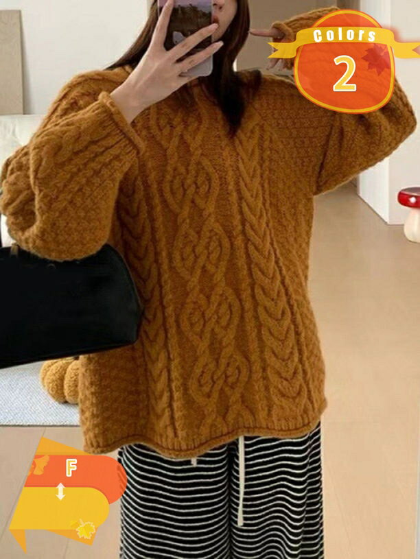1650円OFFクーポン レディース 秋冬 セーター 韓国 ゆったり 怠惰スタイル 厚手 丸首 ツイスト ニットセーター クルーネック プルオーバー ボリューム袖 カジュアル ニットトップス カットソー ケーブル編み 長袖着痩せ