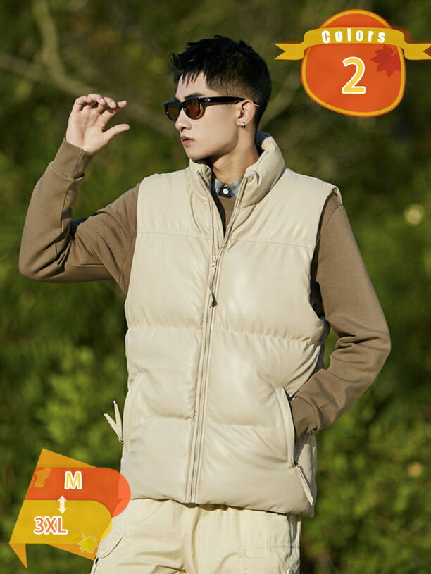 1000円OFFクーポン ダウンベスト メンズ レザーベスト レザーダウンベスト PUレザー 中綿ベスト ジレ レザーダウン シンプル かっこいい バイク ブラック ベージュ 秋冬 メンズアウター fascimo(4.0)