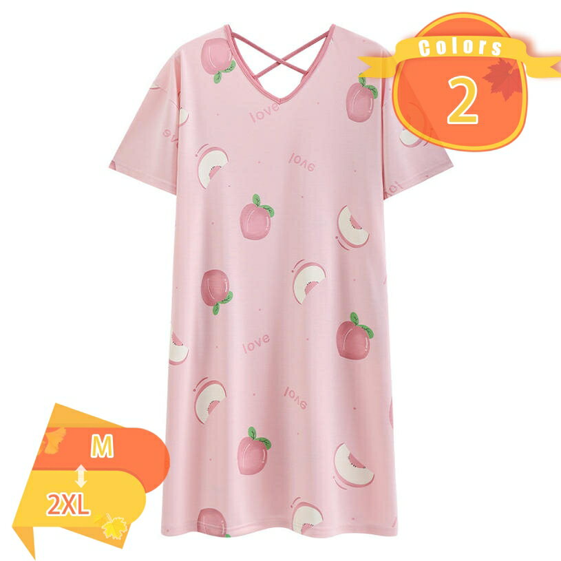 Negligees - パジャマ レディース ワンピース ルームワンピース ネグリジェ 半袖 ロングTシャツ ひんやり モダール生地 夏 部屋着 ゆったり 通気 吸汗 防ダニ 寝巻き 桃柄 バッククロス 大人女性 シャツワンピ 肌に優しい お泊り fascimo