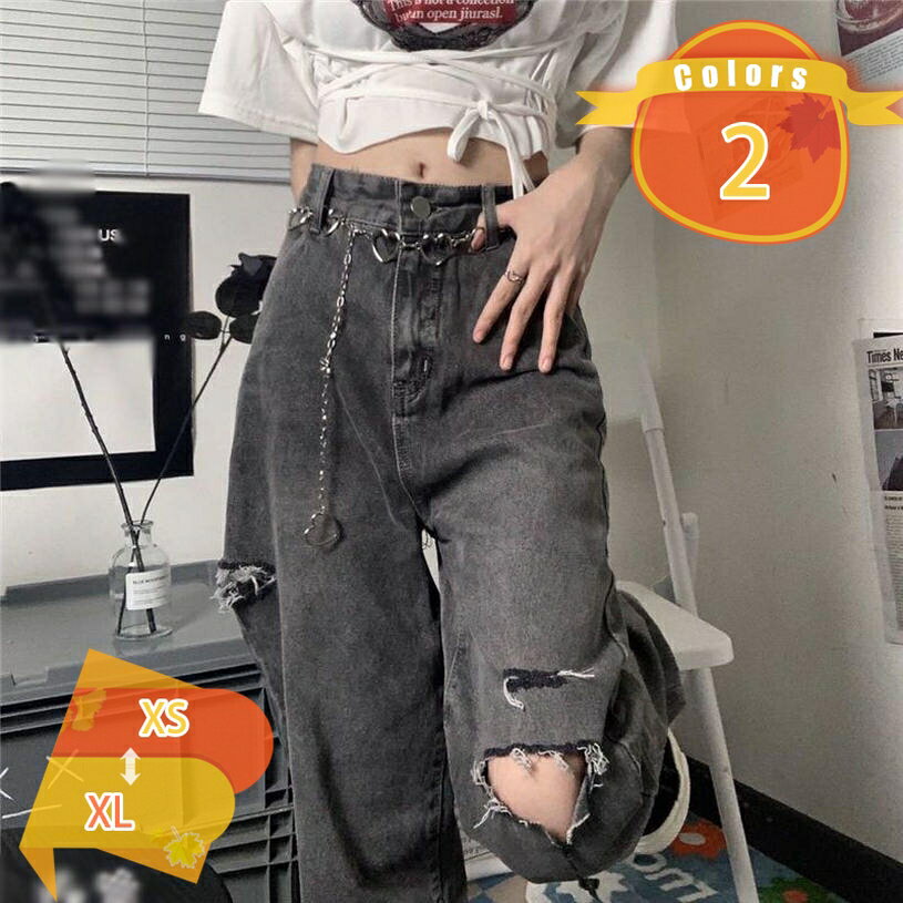 Women's distressed jeans, long length, straight-leg denim pants, stylish Korean-style ripped jeans, casual, high-waisted bottoms, women's summer clothing, simple denim pants, comfortable, adult, fascimo