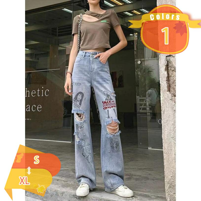 Women's denim pants, loose fit, Korean style, wide-leg jeans, distressed finish, fashion denim trousers, long, ripped pants, plain, simple, high-waisted, relaxed, elegant, stylish, perfect for commuting, leg-lengthening, summer, fascimo