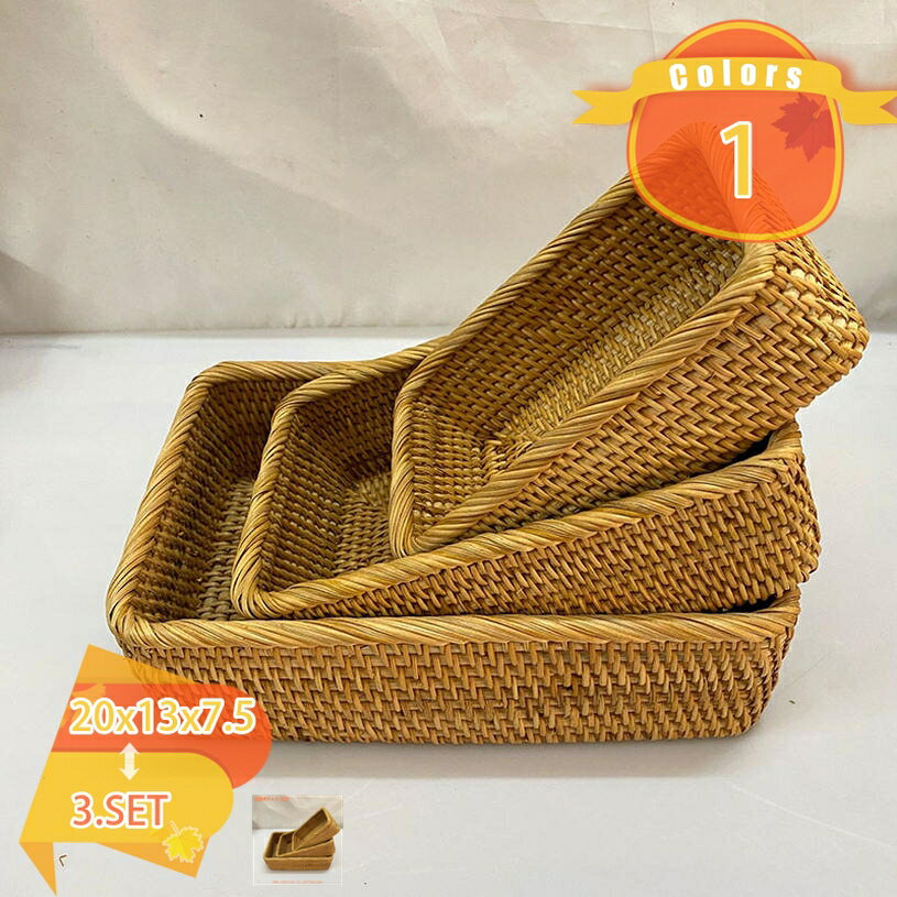 手織りトレー 籐かご ハンドル付き 丸型 野菜 果物バスケット お菓子トレー 手織りラタントレイ 籐のバスケット 籐製 和風収納 ストレージバスケット装飾トレイ 丸型収納トレー 雑物 田園 長方形 トレイ 角型収納トレー fascimo