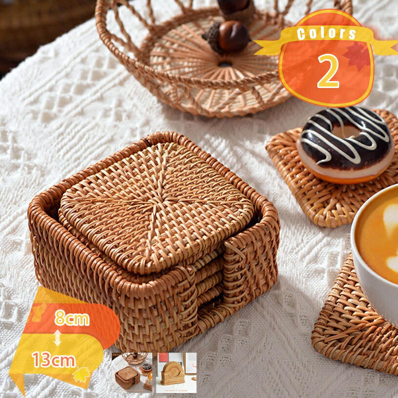 コースター 断熱パッド 収納ケース付き 天然ラタン ハンドメイド 籐コースター 手作り ティーカップコースター ドリンクカップ ポット ガラス用 重ねてラクラク収納 手作り 和風 籐製 コーヒーテーブル用 ナチュラル 6枚 fascimo