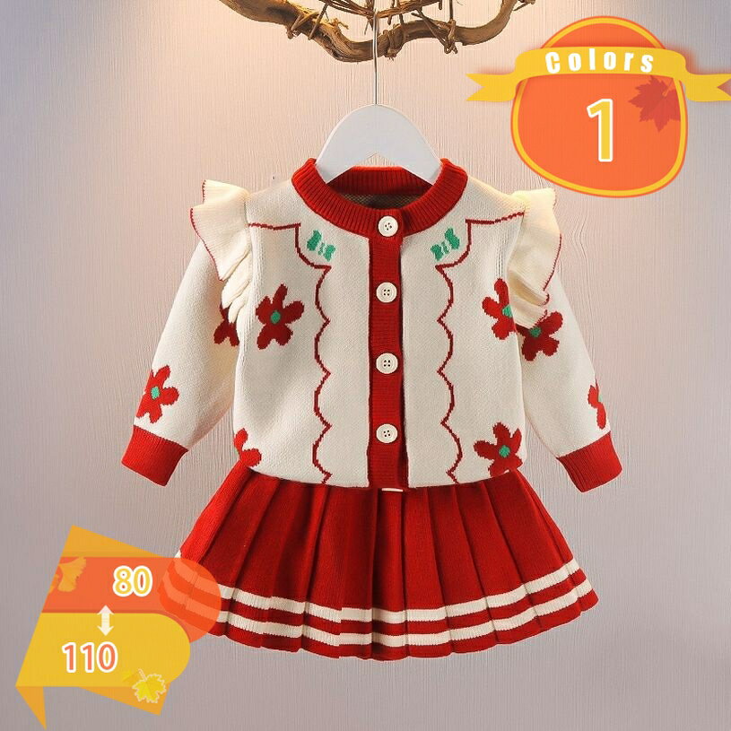 777円OFFクーポン 2点セット 女の子 上下セット ニットカーディガン スカート 子供服 ニット 女児 秋冬 ニットセーター 厚手 子供服 前開き 開襟 ボ...