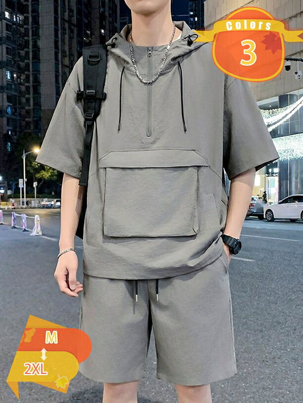 2000円OFFクーポン 上下セット 大きいサイズ メンズ 半袖 パーカー セットアップ ジャージ 夏服 ハーフパンツ 2点 カジュアル おしゃれ 通気性 薄手 快適 涼しい ルームウェア スポーツウェア トップス 半ズボン ウォーキング 散歩 春夏 fascimo
