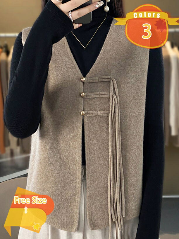 Vests - 中華風 ニットチョッキ 無地 オシャレ ファッション 女子 春秋冬 重ね着風 トップス ノースリーブ セーターベスト ショート丈 ストレッチ 上品 防寒 女性 伸縮 着痩せ レディース リブ 袖なし 重ね着 カジュアル 前開き ゆったり 婦人 fascimo