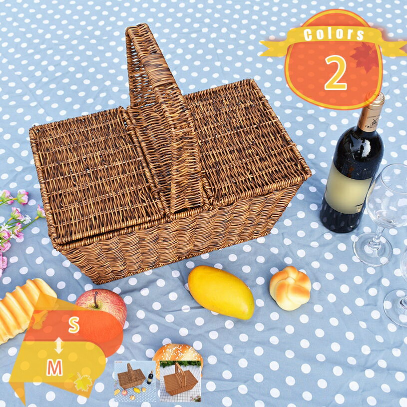 ピングバスケット 野菜バスケット ふた付き 装飾的な編まれたバスケット フラワーバスケット 籐のピクニックバスケット ワンハンドル 持ち手 フルーツバスケット ホーム キッチン 収納バスケット 収納かご おしゃれ 行楽 お弁当 お花見 fascimo