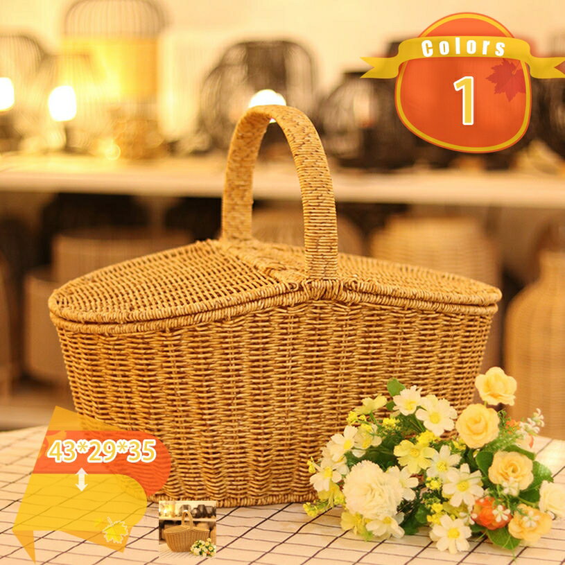 ふた付き ピクニック かご バスケット 籐かご 手編み かご 洗える 取っ手付き フルーツバスケット 小物収納 オシャレ インスタ映え ナチュラル 小物入れ フルーツ/ワイン/調味料 卓上 インテリア キッチン収納 手編み 運動会 キャンプ fascimo