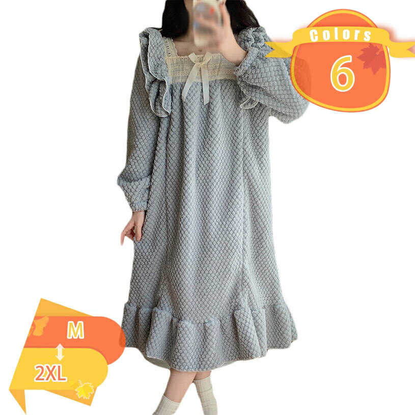 500円OFFクーポン ネグリジェ 秋冬 厚手 あったか ルームワンピース レディース リボン付き 大人可愛い 姫系 パジャマ 長袖 スクエアネック もこもこ ルームウェア 防寒 ふんわり 部屋着 暖かい ふわふわ ナイトウェア 寝間着 バレンタインデー fascimo