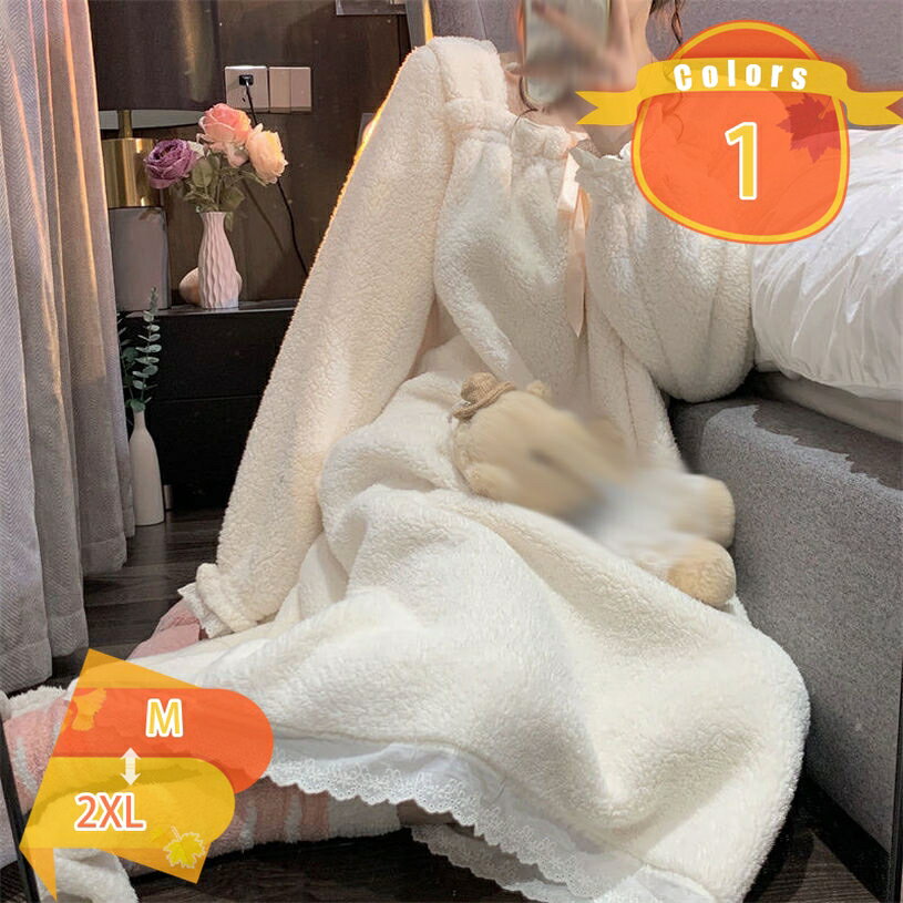 500円OFFクーポン パジャマ レディース ルームウェア 長袖 もこもこ 暖かい Vネック おしゃれ 姫系 部屋着 寢巻き リボン付き 可愛い 春秋冬 ネグリジェ フランネル ふんわり モコモコ ルームワンピース ゆったり 快適 リラックス 家着 おうち時間 fascimo