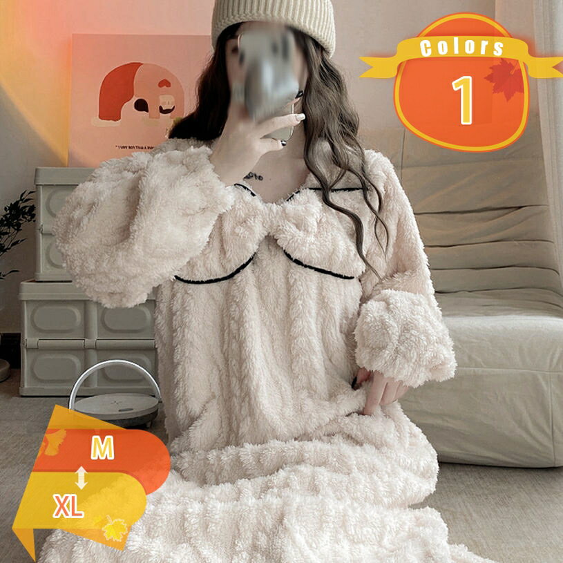 1000円OFFクーポン ネグリジェ 秋冬 厚手 あったか ルームワンピース レディース リボン付き 大人可愛..