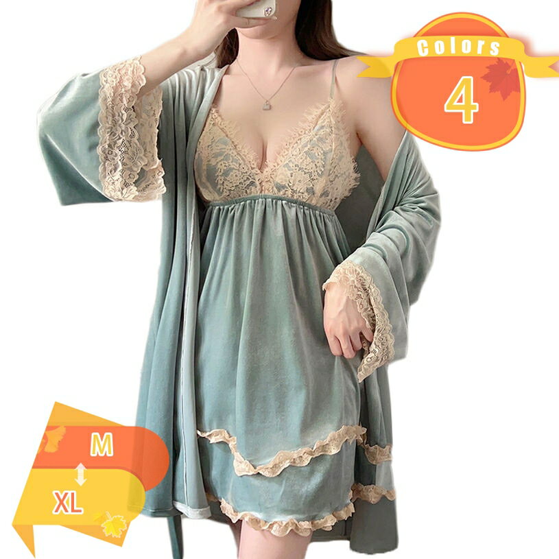 500円OFFクーポン ルームウェア ガウン 冬 秋 ベビードール セット パジャマ ゆったり レース付き 大人..