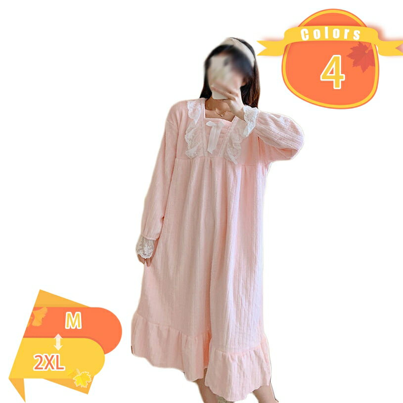 500円OFFクーポン ルームウェア もこもこ パジャマ レディース 秋 冬 裏起毛 スクエアネック ワンピース ロング丈 レース付き 蝶結び 部屋着 かわいい 姫系 ネグリジェ 長袖 プリンセス風 寝間着 快適 リラックスウェア おうち時間 寝巻き fascimo