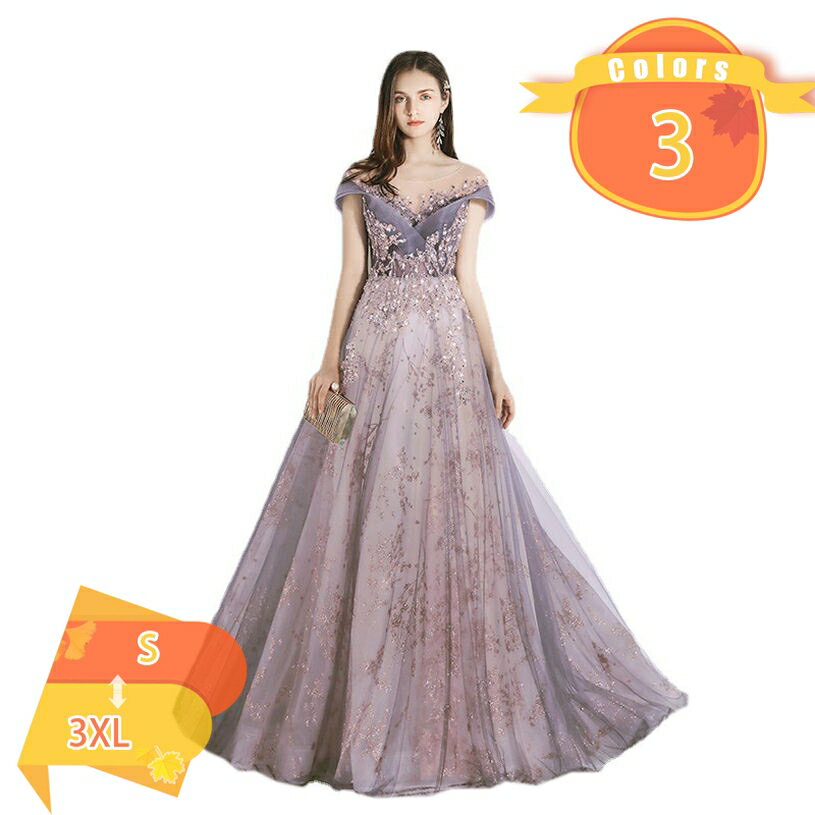 パーティードレス キラキラ レデイース イブニングドレス ビジュー 刺繍 メッシュ 気質的 エレガント フェミニン 花嫁ドレス 司会者 忘年会 二次会 結婚式 お呼ばれ ロングドレス オフショルダー 演奏会 ドレス ピアノ 発表会 fascimo