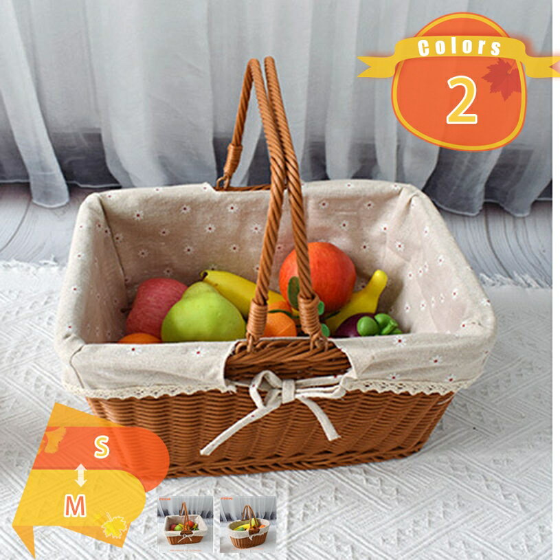 ピクニックバスケット カゴ収納 プラスチック 持ち手 ランチバスケット 籐かごバスケット シェルフバスケット ピクニック 整理収納 野菜バスケット フルーツバスケット 籐のピクニックバッグ 田園風 オシャレ インテリア fascimo