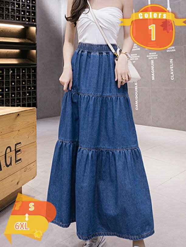 Rakuten - フレア デニムスカート ロング スカート 美脚 脚長 ウエストゴム ボトムス フレアスカート レディース 大きいサイズ ゆったり 体型カバー シンプル 無地 可愛い カジュアル 大人 女子 オシャレ きれいめ かわいい 春 夏 秋 fascimo