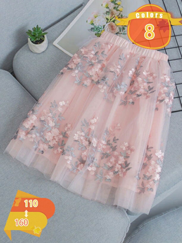 ふんわりチュールスカート キッズ 女の子 女児 子供服 花柄 チュチュスカート 発表会 衣装 バレエ ダンス フリル フレアスカート ペチコート メッシュ ひざ丈 ロング ボリューム ふわふわ プリーツ 発表会 誕生日 子ども用 子供 fascimo