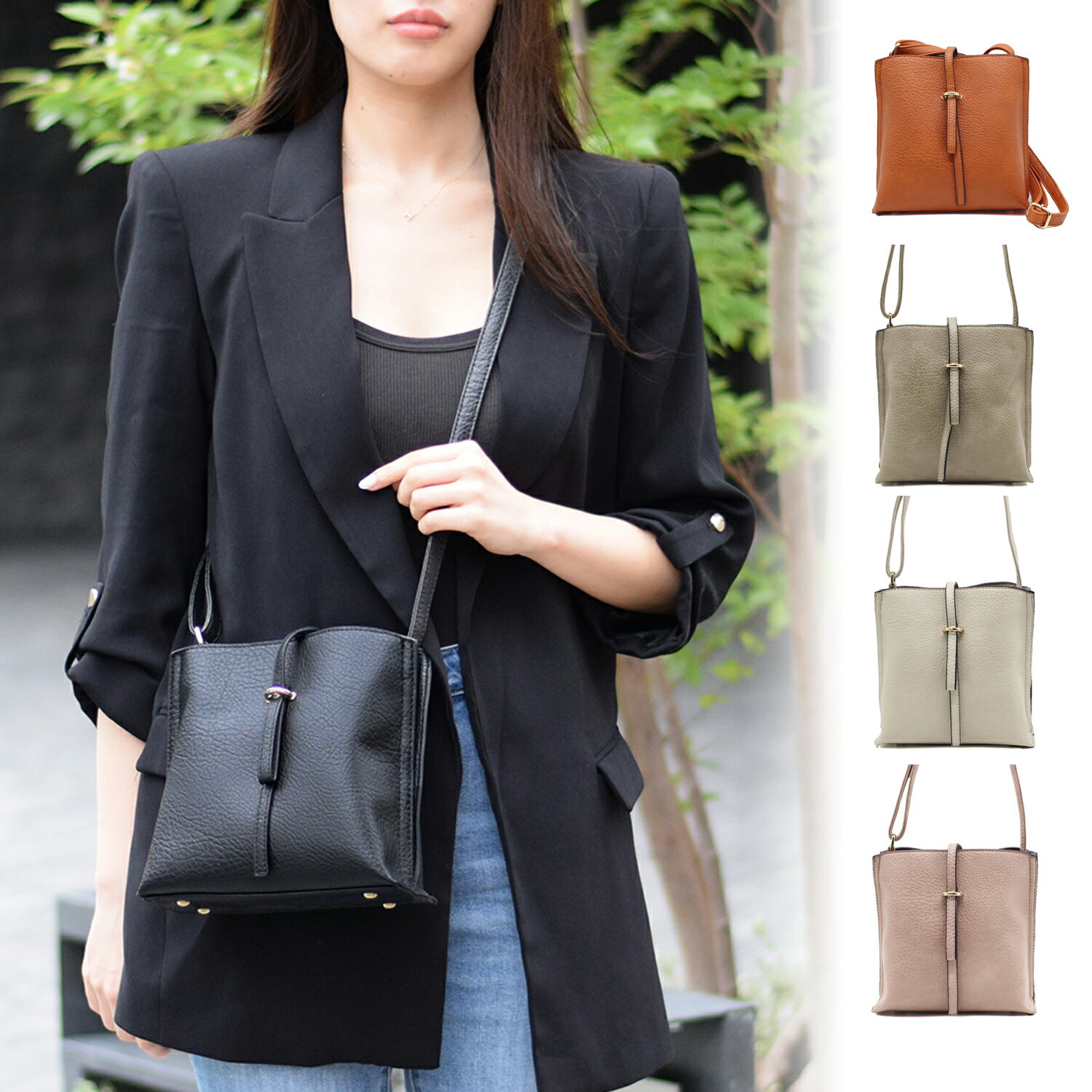 3層スクエアショルダーバッグ ショルダー バケット バッグ レディース ブラック キャメル グレージュ アイボリー ピンク OK-415 リンレ RINRE