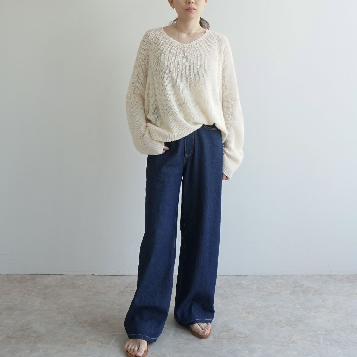 サマーデニムパンツ　ジーンズ　ワイド　セミワイド　ズボン　ワンウォッシュ　涼しい　軽量　インディゴ　ブルー　ホワイト　白　代官山　FASHFRENのサムネイル