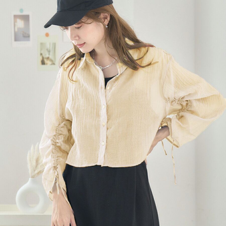 [1000円ポッキリ] シアーシャツ レディース ショート丈 シアーブラウス トップス 袖シャーリング 長袖 楊柳 シアー シャツ デザインシャツ デザインブラウス 薄手 UV対策 uv 軽い 軽量 おしゃれ きれいめ 涼しい 春 夏 羽織りクロップド丈 231109のサムネイル