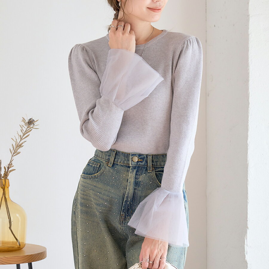 袖チュール リブニット【3592円クーポン利用で】薄手ニット レディース 長袖 秋冬 ラウンドネック インナーニット 無地 丸首 丸襟 フレアスリーブ 大人 可愛い きれいめ M L トップス 洗えるニット 洗濯可能 春 入卒式 セレモニー [250402]のサムネイル