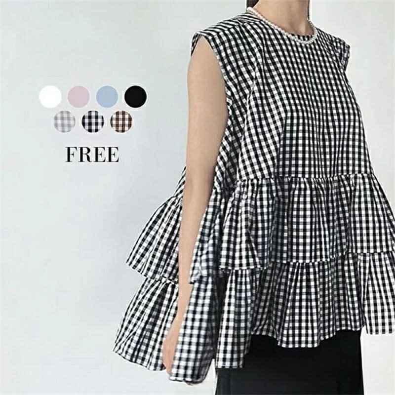 ノースリティアードトップス フリル へプラム ギンガムチェック フェミニン レディース 大人かわいい ..