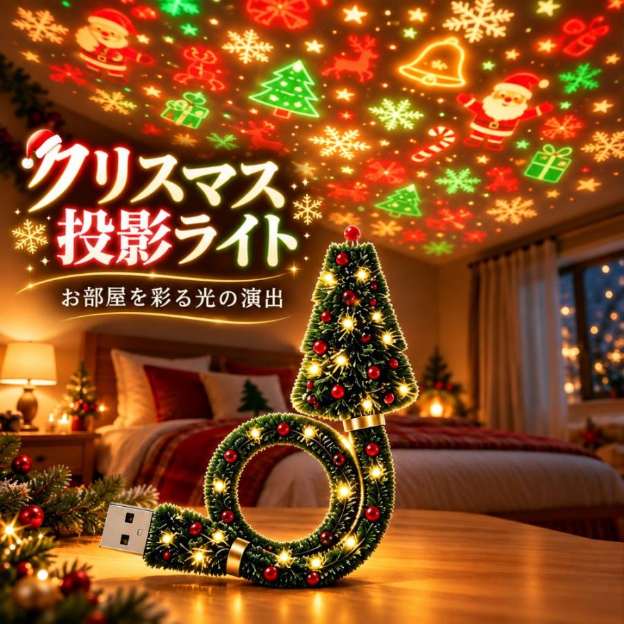 クリスマスプロジェクターライト 6種類模様 USB式 LEDライトプロジェクター 雪・星・雪だるま 室内 室外投影ラン…