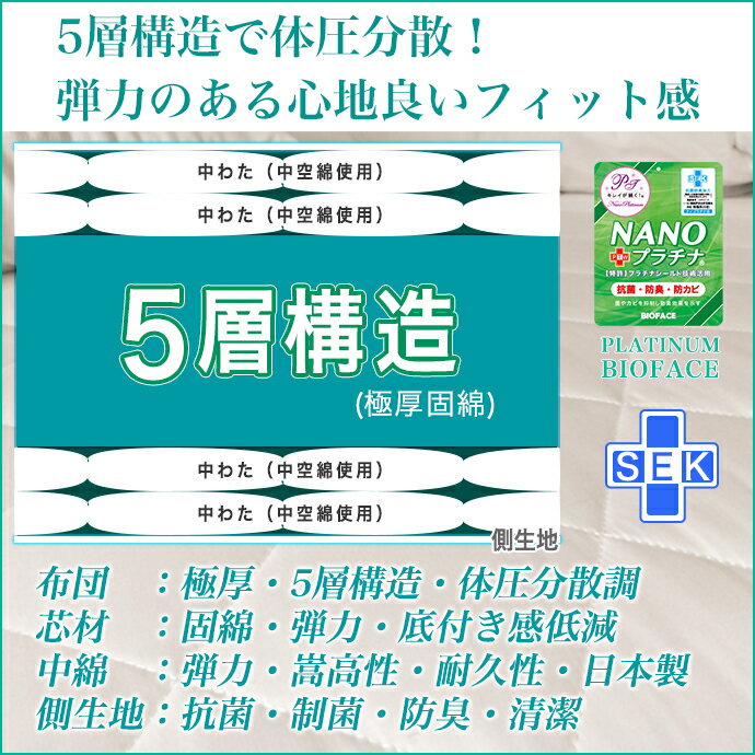 日本製 5層構造 極太 極厚 敷布団 シングル 帝人 マイティトップ 清潔 防ダニ 制菌 抗菌 防臭 防カビ ほこりが出にくい 敷き布団 シングル 超ボリューム 体圧分散調 弾力 固綿 保温 発熱 接触 ホテル仕様 帝人 テイジン 国産