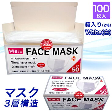 2箱 在庫あり 即納 100枚 マスク 日本 国内 発送品 NW ノーズワイヤー 3層構造 白 ホワイト 普通サイズ 大人用 不織布 マスク 飛沫 ウイルス 花粉 対策 立体 プリーツ 遮断率試験 BFE 合格 宅配便 送料無料