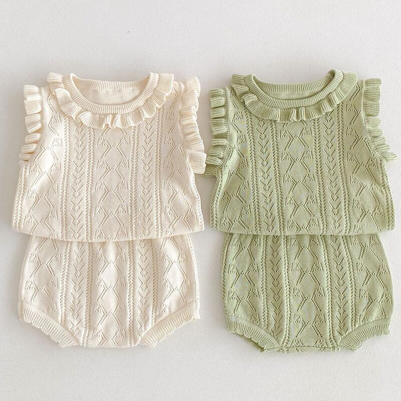 送料無料 ベビー服 ニット製 上下セット 夏服 ノースリーブ タンクトップ式 セットアップ 無地 パジャマ ルームウエア ベビー 赤ちゃん 子供 夏用 涼しい 薄手 女の子 楽天海外通販
