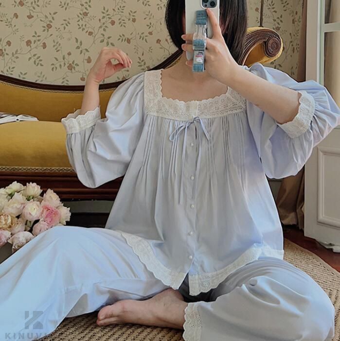 春夏秋 長袖ナイトウェア 寝巻き お肌に優しい 可愛いパジャマ コットン 柔らかい お姫風ルームウェア ジャカード ルームウェア 上下セット 欧風部屋着 レディースパジャマ 長袖