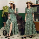 【限定価格→3,544円 7/29まで】ワンピース 春夏半袖ワンピース レディース キレイめ vネック ロングフレアスカートひざ下 オシャレ ボヘミア風 40代...