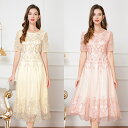 パーティドレス ♪セレブファッション Aラインワンピース 春夏新作 半袖 豪華な刺繍 落ち着いた色合いにビジューが輝く 他と被らない 大人エレガント 着痩 大き...