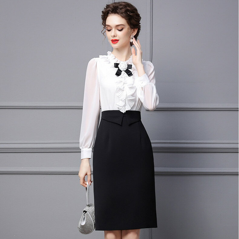 パーティドレス ♪セレブファッション タイトワンピース 春夏新作 長袖 切替 3Dフラワー装飾 アートのような美しさに視線奪われる 他と被らない 大人エレガント...