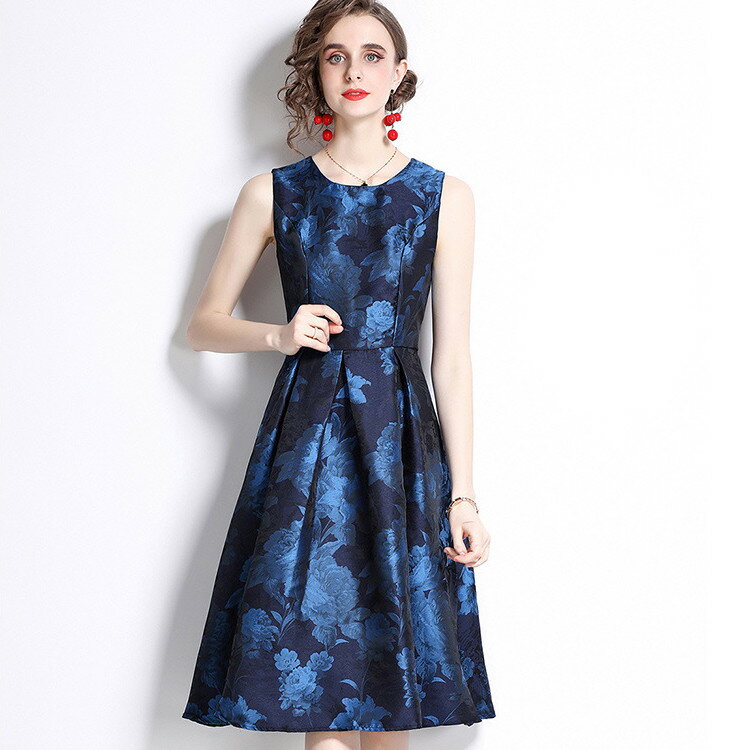 パーティドレス　♪セレブファッション　Aラインワンピース　夏新作　ノースリーブ　エンボス加工　シー..