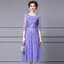 パーティドレス ♪セレブファッション Aラインワンピース 春夏新作 七分袖 花柄刺繍 豪華なビジュー装飾 品のある花模様で大人の魅力を演出 他と被らない 大人エ...