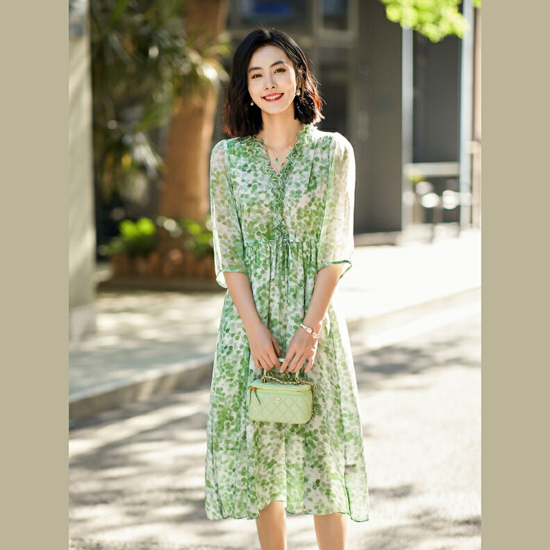 パーティドレス ♪セレブファッション 100%シルク!Aラインワンピース 春夏新作 五分袖 Vネック プリント 高級素材 クールにスタイリッシュに 他と被らない...