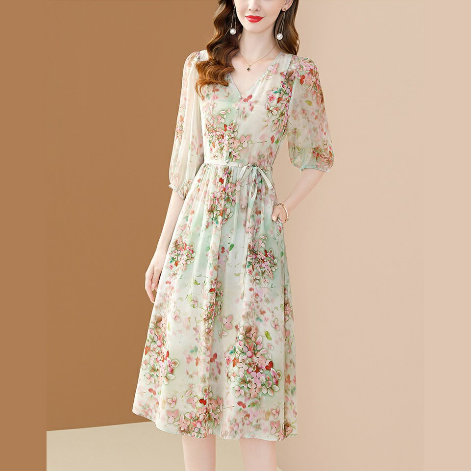 パーティドレス ♪セレブファッション 100%シルク!Aラインワンピース 春夏新作 五分袖 プリント 高級素材 気品あふれる大人ワンピ 他と被らない 大人エレガ...