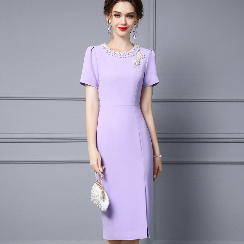 パーティドレス ♪セレブファッション タイトワンピース 春夏新作 半袖 首元に注目 パール装飾 大人スマートな余裕をもたらす 他と被らない エレガント 着痩 大...