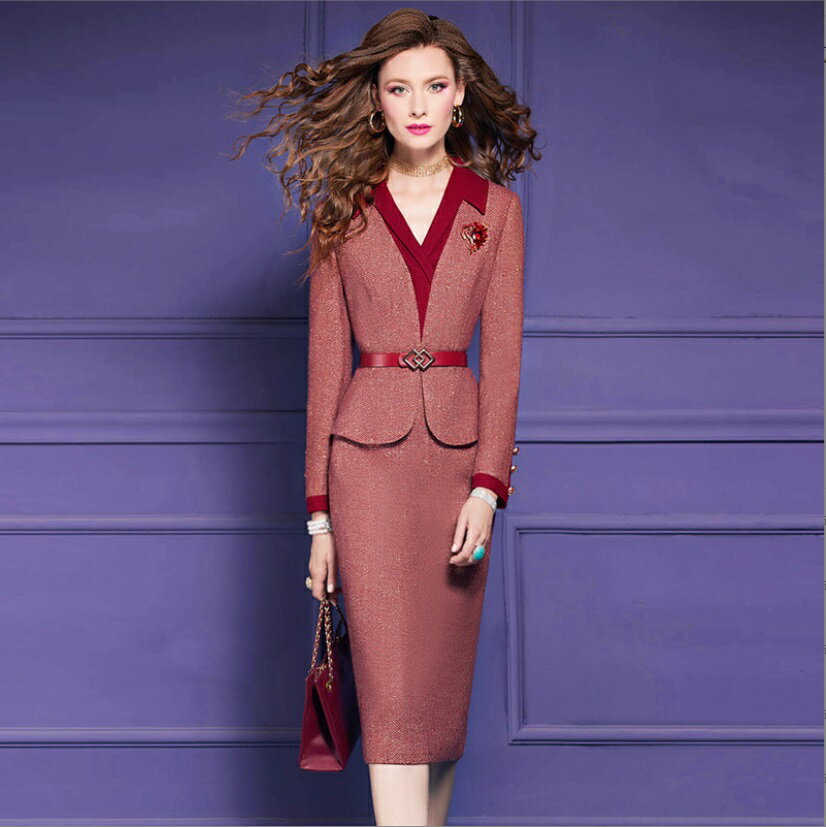 パーティドレス　♪セレブファッション　タイトワンピース　秋冬新作　長袖　Vネック　POLO襟　ベルト付..