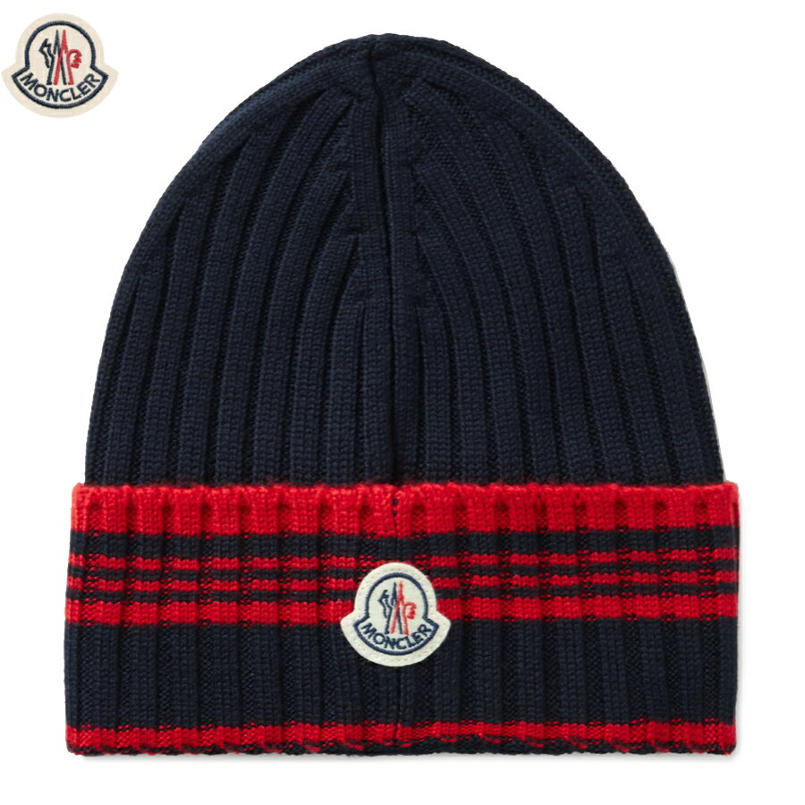 MONCLER Logo-Appliquéd Striped Ribbed Virgin Wool Beanie Navy x Red 2023AW モンクレール ロゴアップリケ ストライプ リブ バージン ウール ビーニー ネイビー x レッド 2023年秋冬