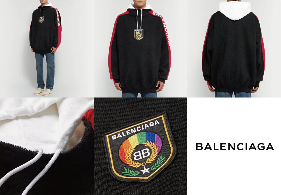 BALENCIAGA バレンシアガ Oversized Appliqued Logo-Jacquard Wool And Cotton-Jersey Hoodie パーカー ブラック トップス 2018-2019年秋冬