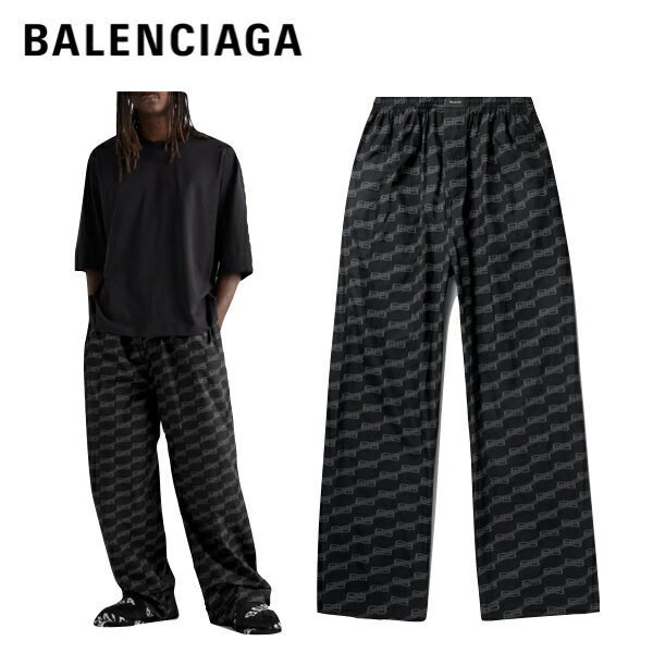 BALENCIAGA Wide-Leg Logo-Print Cotton-Poplin Pyjama Trousers Black 2023AW バレンシアガ ワイドレッグ ロゴプリント コットンポプリン パジャマ パンツ ブラック 2023年秋冬