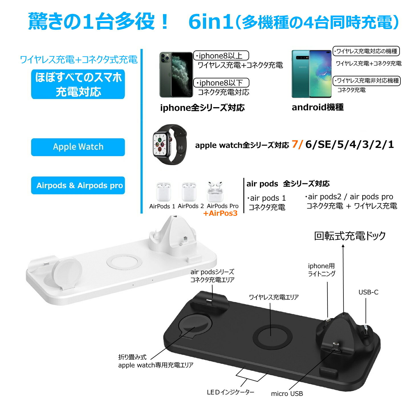 ワイヤレス充電器 apple watch 充電器 ワイヤレス充電器 スタンド ワイヤレス充電器 iphone airpods 同時充電 3in1 iphone 充電器 置くだけ 充電器 type-c タイプc アップルウォッチ 充電器 apple watch 7 series6/se 5 充電器 micro usb 充電器