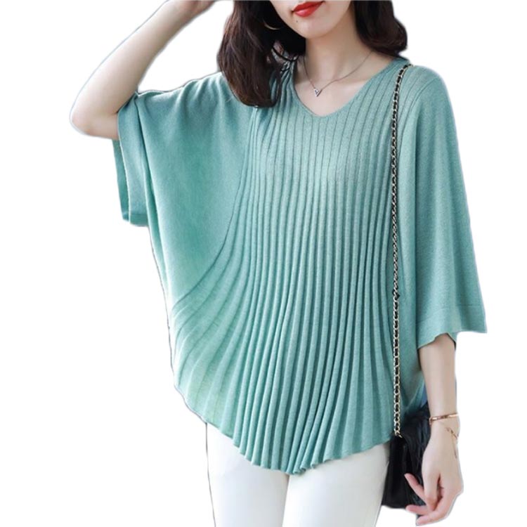 3-Quarter Sleeves - レディース プリーツブラウス オシャレブラウス Vネック ニットブラウス 春秋 七分袖 インナーブラウス ゆったり プリーツ オシャレブラウス 送料無料 無地 シンプル カジュアル オシャレ フェミニン おでかけ