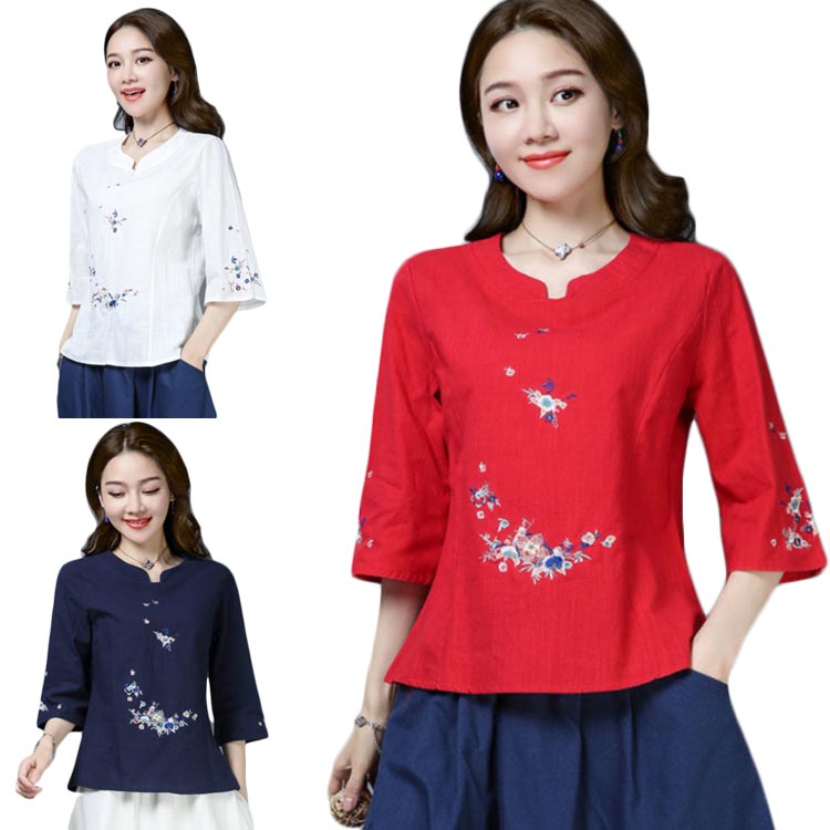 レディース 刺繍ブラウス フリルブラウス 春秋 リネンブラウス ゆったり 丸襟 七分袖 スタイル ロングシャツ オシャレブラウス 刺繍　送料無料 トップス シンプル カジュアル オシャレ フェミニン(4)